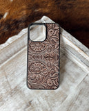 Load image into Gallery viewer, Brown tooled faux leather print MagSafe compatible phone case